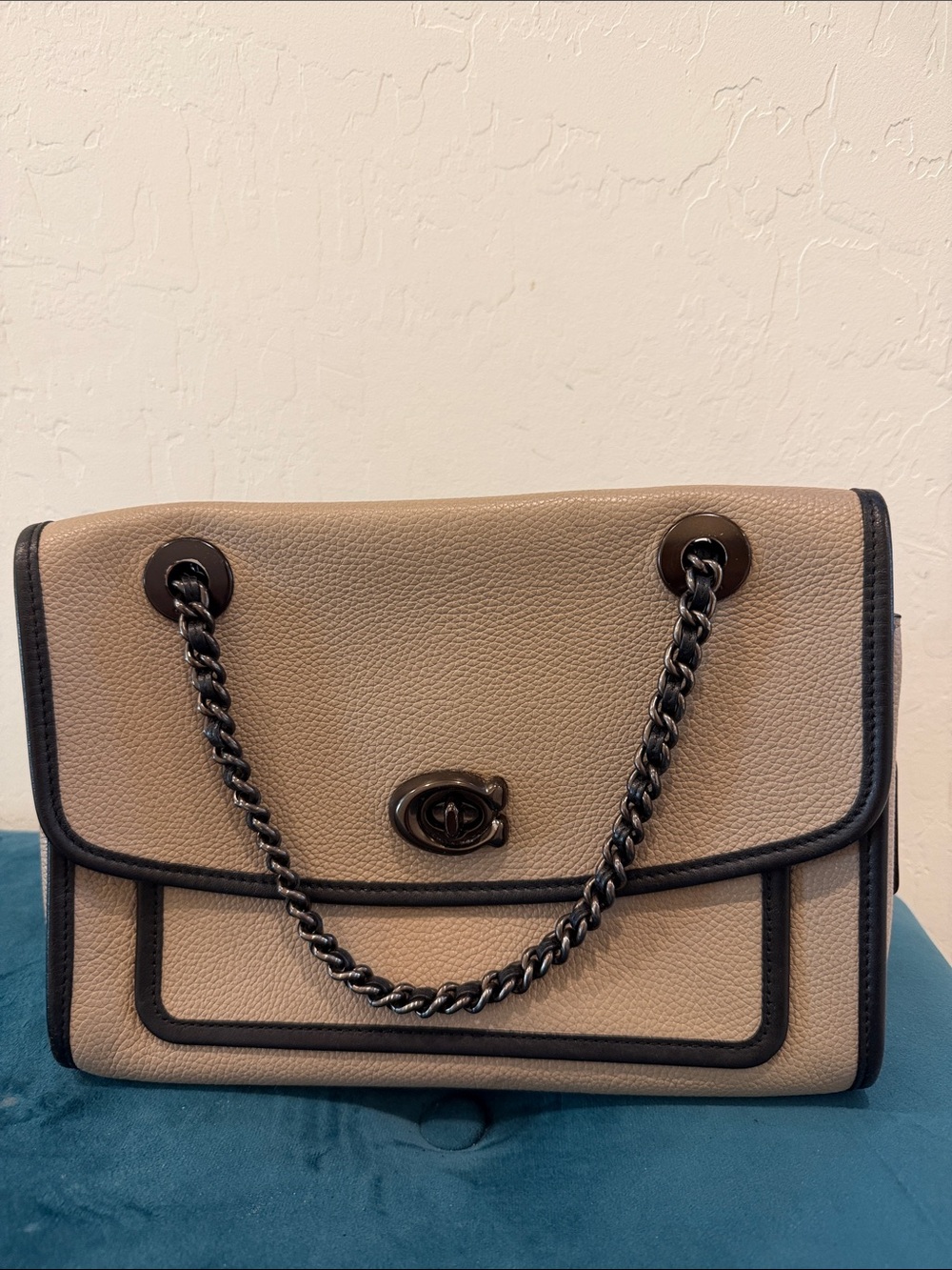 Designer-Style Beige and Black Chain Shoulder Bag